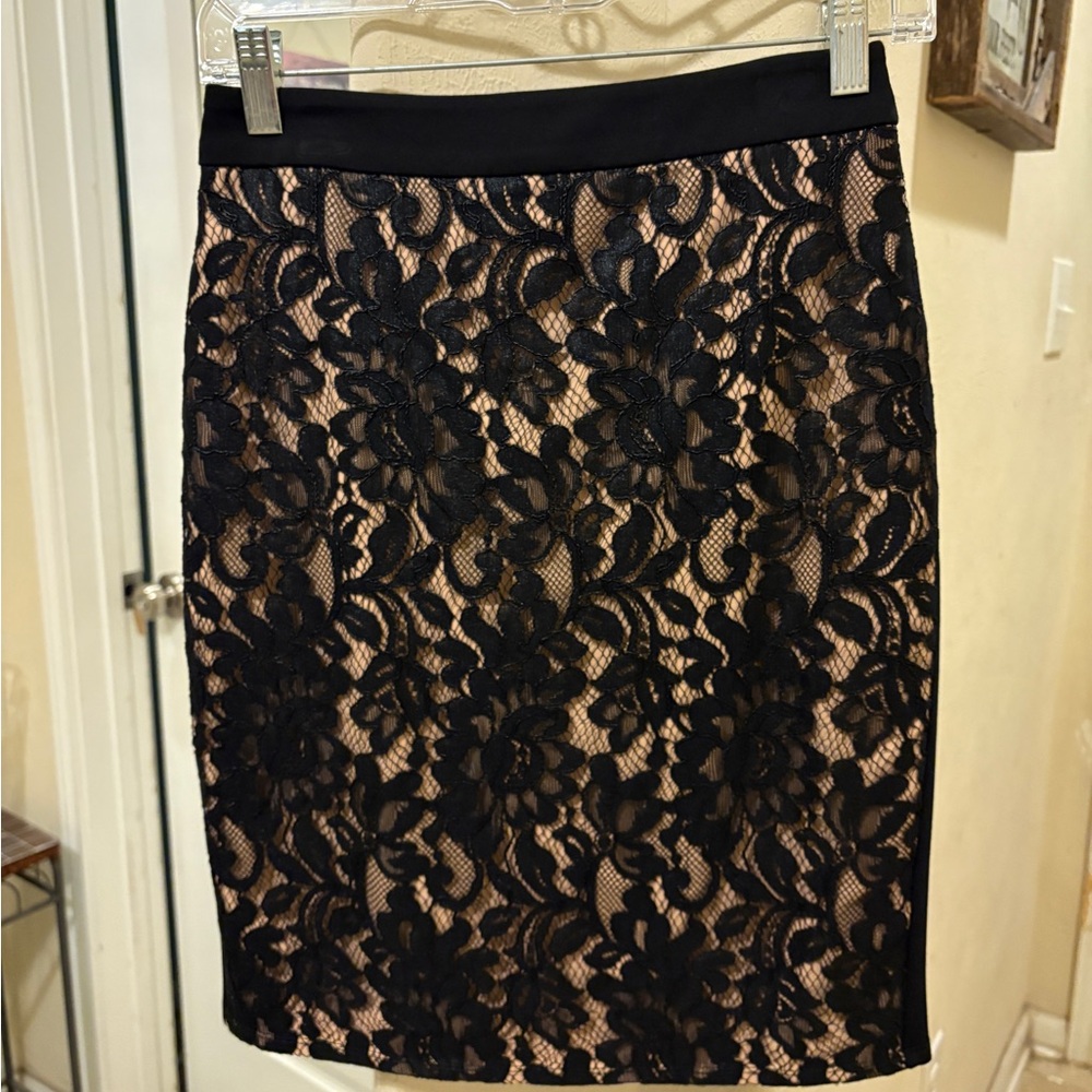 Bebe Black and Tan Embellished Asymmetrical Pencil Skirt